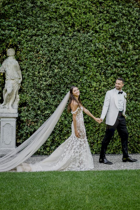 Florist preparing marigold garlands at Lake Como venue