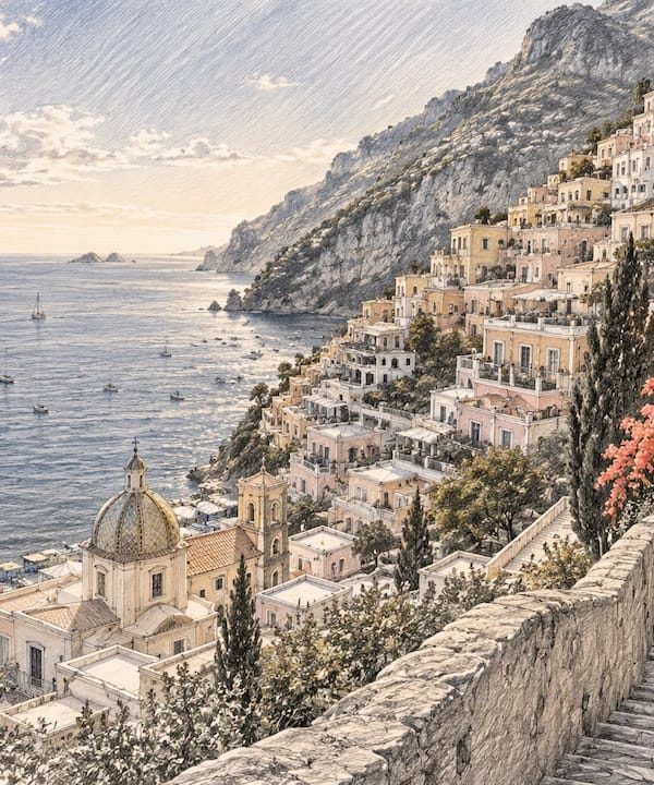 Positano terraces descending toward the Amalfi Sea